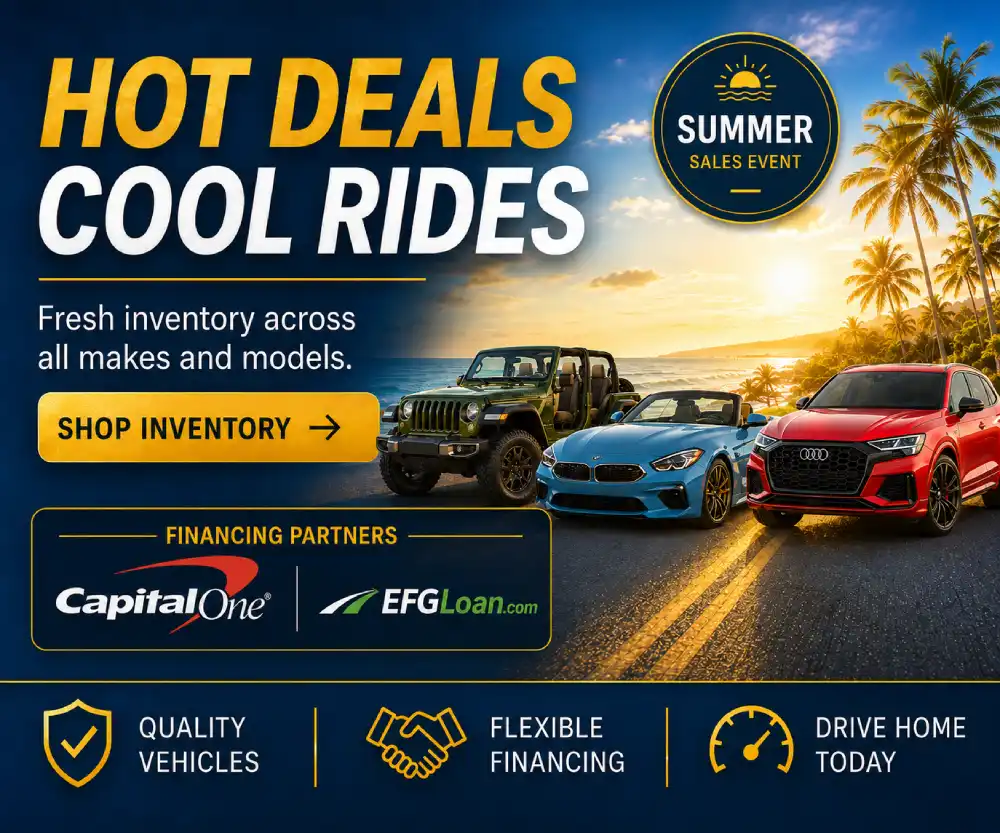 Promotional banner for a summer car sale with three cars on a sunny coastal road and bold 'Hot Deals, Cool Rides' text and a 'Shop Inventory' button.